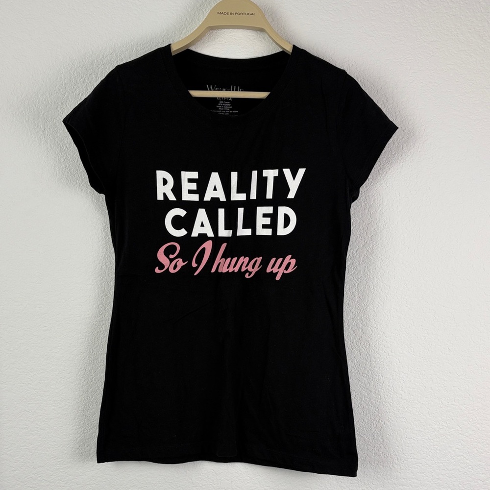 Wound Up Black Tee with Bold White and Pink Print